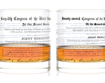 Prohibition Amendments Rocks Glass Pair | Whiskey Glasses (11oz) | Bourbon Old Fashioned Glass | 18th and 21st Amendment | History Gifts