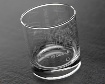 Long Beach, CA City Map Rocks Glass | Engraved Whiskey Glass (11oz) | Etched Bourbon Glasses | Housewarming Gift | Gifts for Him