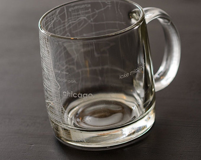 Chicago Map Coffee Mug | Engraved Glass Mug (13oz) | Etched Tea Cup | Chicago Gifts | Chicago Illinois Map Gift | Chicago Skyline Coffee Mug