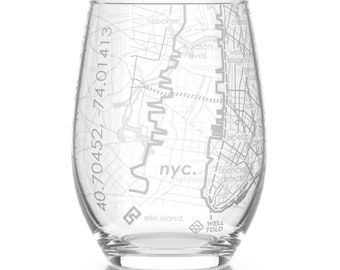 New York City Map Stemless Wine Glass | Engraved Wine Glass (15oz) | Etched Wine Glass | Bridesmaid Gift | Gift For Her