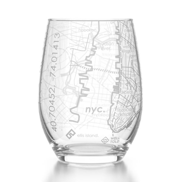 New York City Map Stemless Wine Glass | Engraved Wine Glass (15oz) | Etched Wine Glass | Bridesmaid Gift | Gift For Her