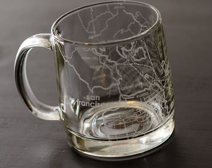 San Francisco Map Coffee Mug | Engraved Glass Mug (13oz) | Etched Tea Cup | San Francisco Gift | San Francisco California Map | Coffee Mug