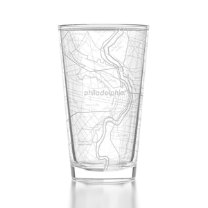 Philadelphia Map Pint Glass | Engraved Beer Glass (16oz) | Etched Drinking Glasses | Philly Beer Glass | Birthday Gift | Map of Philadelphia