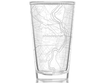 Philadelphia Map Pint Glass | Engraved Beer Glass (16oz) | Etched Drinking Glasses | Philly Beer Glass | Birthday Gift | Map of Philadelphia