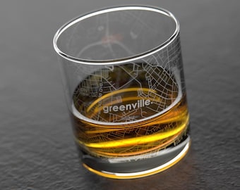 Greenville, SC City Map Rocks Glass | Engraved Whiskey Glass (11oz) | Etched Bourbon Glasses | Housewarming Gift | Gifts for Him