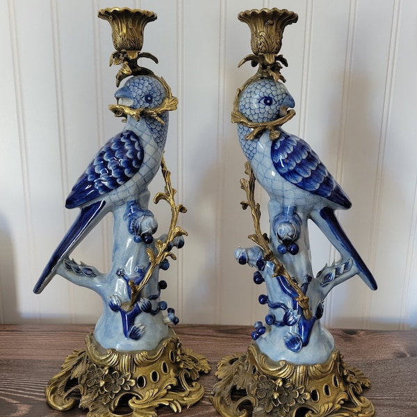 Hollywood Regency Blue Parrot Bird Candle Holders