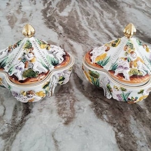 Antique Pereiras Valado Majolica Covered Candy Dish - Cherubs, Flowers - Portugal - Two Available