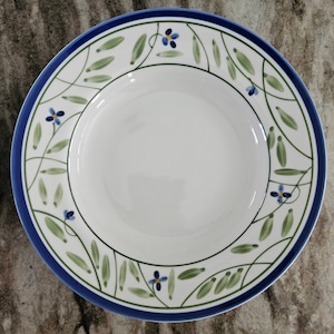 Vintage Dansk Rimmed Soup Bowls, Blue Flowers, Green Leaves