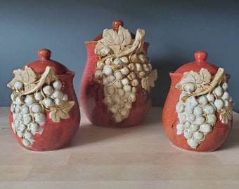 Set of Three Pottery Canisters with Majolica Grapes and Leaves