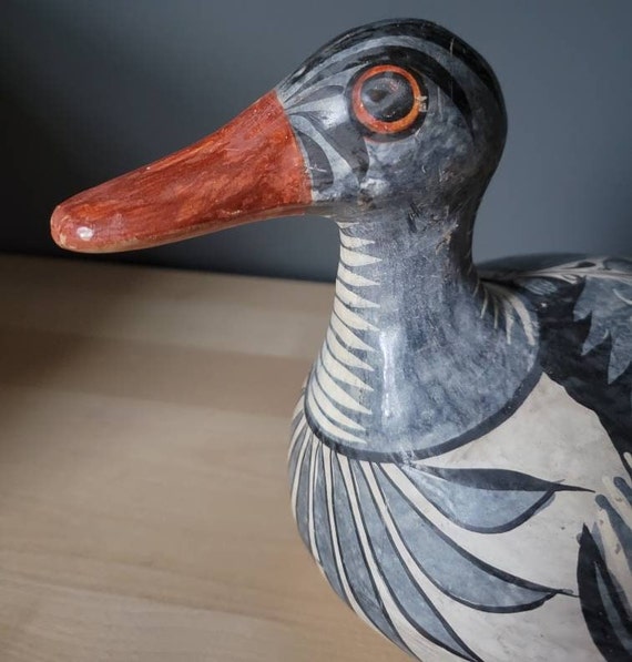 メキシコ アヒルの置物　トナラ焼　真鍮と手描きの陶器製　ヴィンテージ ヴィンテージ トナラ 艶出し陶器 アヒル、メキシコ、大 11 インチ