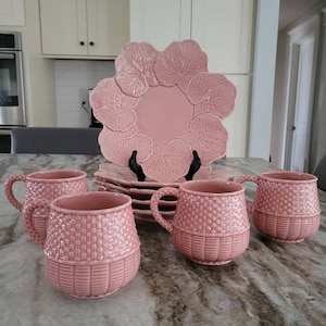VIntage Pink Bordallo Pinheiro Geranium Plates and Celebration Mugs