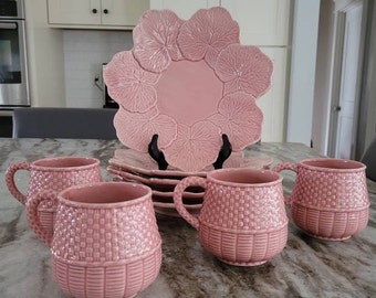 VIntage Pink Bordallo Pinheiro Geranium Plates and Celebration Mugs