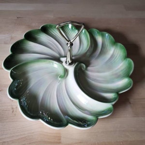 California Pottery Green and White Divided Serving Tray with Handle