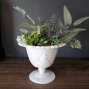 Vintage Milk Glass Pedestal Bowl or Planter - Harvest Grape with Lattice