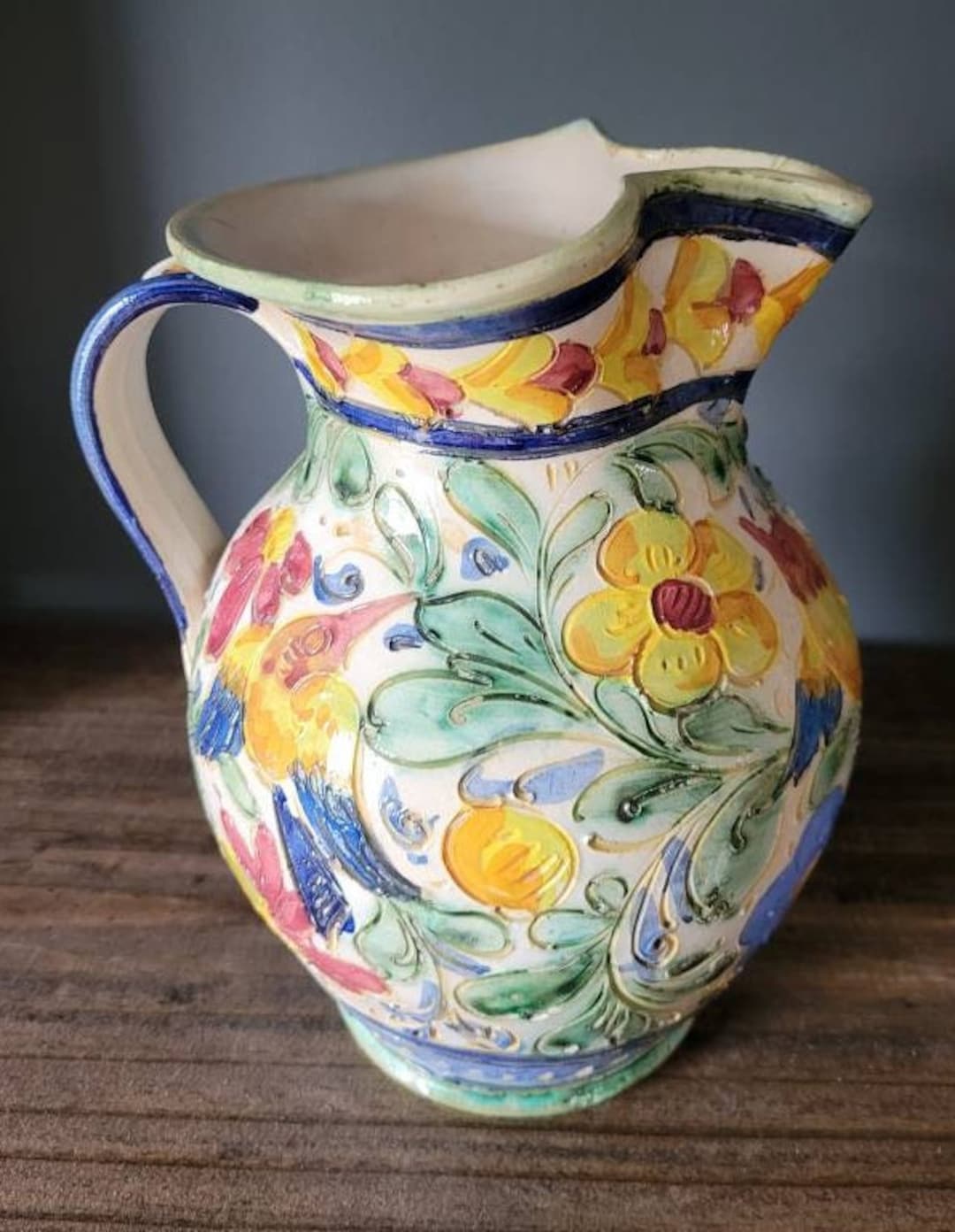 Vintage Sgraffito Pottery Pitcher, Flowers and Birds, Italy