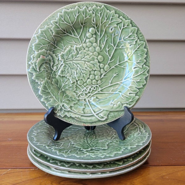 Set of Four Red Clay Majolica Green Grape Leaf Dessert or Salad Plates