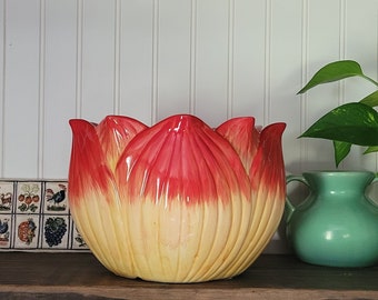Vintage Ceramic Red Yellow Tulip Planter, 9&quot;