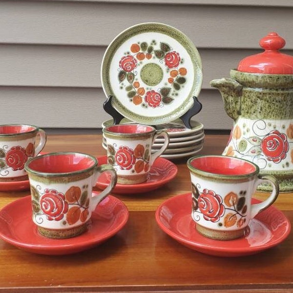 Schramberg Handgemalt Tirol Tea or Chocolate Pot with Four Cups & Saucers and Six Dessert Plates