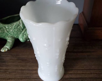 Anchor Hocking Tears and Pearls Milk Glass Vase, Scalloped edge, 7"