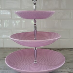 Vintage California Pottery Speckled Pink Three-Tier Dish