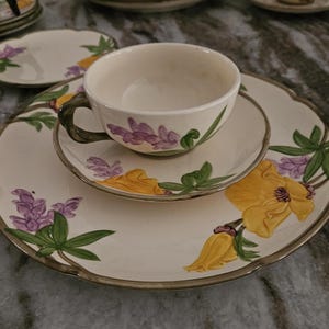 Puede incluir: Un juego de taza y platillo de t&eacute; blanco con un patr&oacute;n floral. El patr&oacute;n presenta flores amarillas, moradas y verdes sobre un fondo blanco.