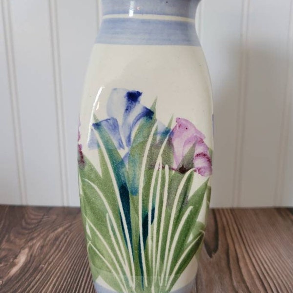 Vintage Floral Iris Stoneware Vase, Signed