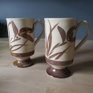 Vintage Tall Pedestal Footed Stoneware Mugs  - Brown, flowers