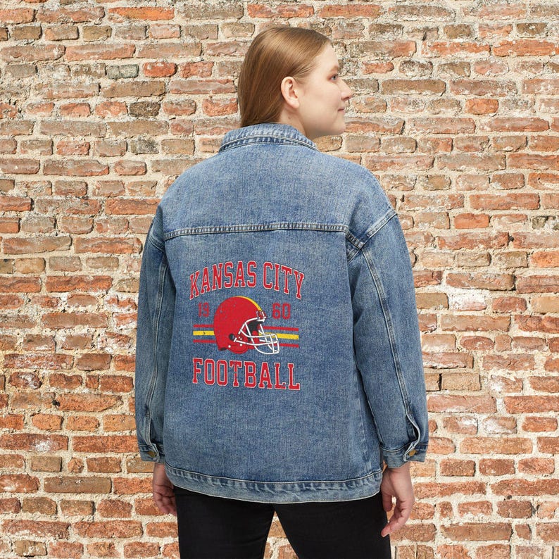 Kansas City Womens Denim Jean Jacket, Vintage Varsity Football Coat, Taylor's Retro Game Day Gear, Tailgate Apparel Gift For Her, Team Mom image 2