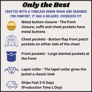 The image is a visual summary of the features of a crafted denim wash, designed for comfort. It highlights the use of a timeless denim wash for a relaxed fit, metal button closure, chest pockets with a button-flap front patch, front pockets with large slanted pockets, and a lapel collar for a classic look. The image also mentions that the jackets are fast-shipped with a 2-5 day production time, and the image is a collage of multiple images.