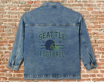 Seattle Womens Denim Jean Jacket, Vintage Varsity Football Coat, West Coast Retro Game Day Gear, Tailgate Apparel Gift For Her, Team Mom