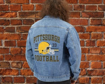 Pittsburgh Mens Denim Jean Jacket, Vintage Varsity Football Coat, Raven Retro Game Day Gear, Tailgate Apparel Gift For Him, Dad Gifts