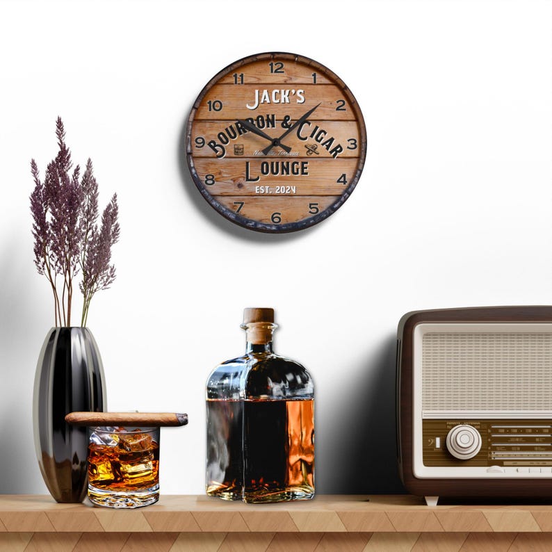 Personalized Bourbon Cigar Clock, Man Cave Decor, Whiskey Bar Barrel ...