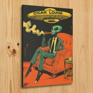 May include: A green alien in a suit sits in a red armchair, smoking a cigar and holding a glass of tea. The alien is sitting in a room with a starry night sky background. The text "CIGAR LOUNGE" is written above the alien in a yellow banner.