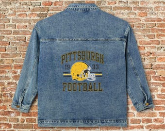 Pittsburgh Womens Denim Jean Jacket, Vintage Varsity Football Coat, Iron City Retro Game Day Gear, Tailgate Apparel Gift For Her, Team Mo