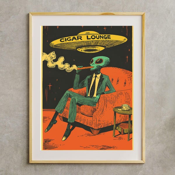 Póster de extraterrestre con puros, letrero vintage de salón de fumadores con ovnis, impresión grande de extraterrestres eclécticos, estilo de mediados de siglo, decoración retro para el hogar.