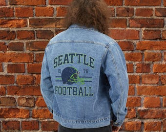 Seattle Mens Denim Jean Jacket, Vintage Varsity Football Coat, West Coast Retro Game Day Gear, Tailgate Apparel Gift For Him, Dad Gifts