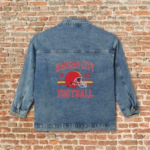 Kansas City Womens Denim Jean Jacket, Vintage Varsity Football Coat, Taylor's Retro Game Day Gear, Tailgate Apparel Gift For Her, Team Mom image 1