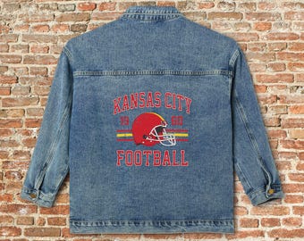 Kansas City Womens Denim Jean Jacket, Vintage Varsity Football Coat, Taylor's Retro Game Day Gear, Tailgate Apparel Gift For Her, Team Mom