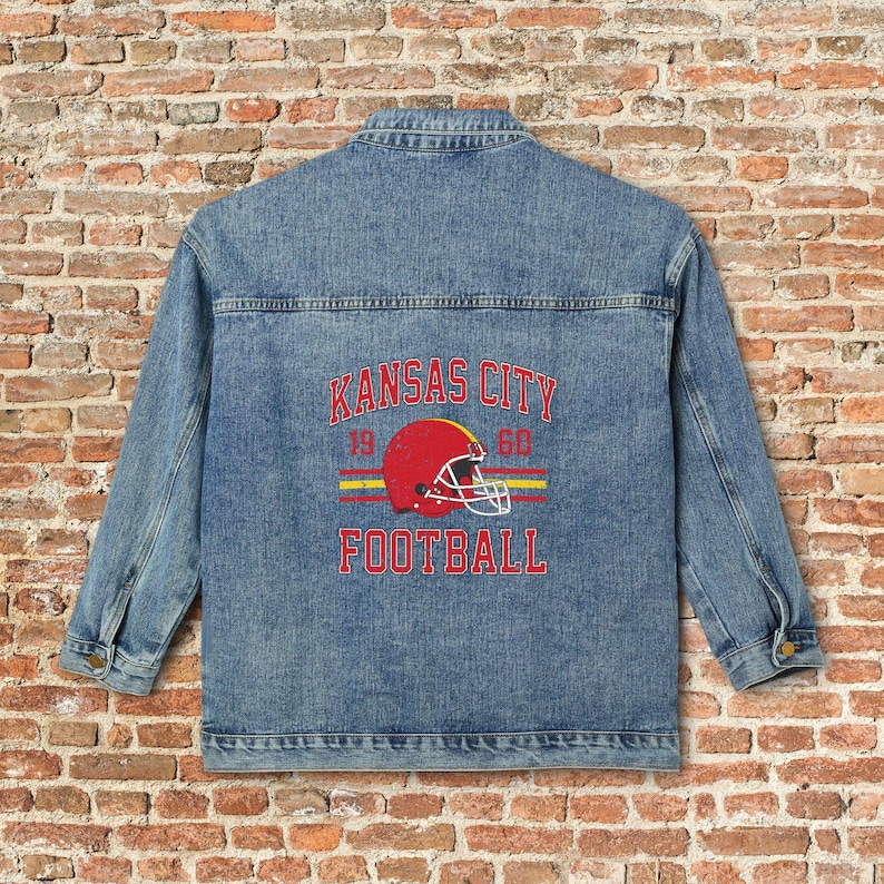 Kansas City Womens Denim Jean Jacket, Vintage Varsity Football Coat, Taylor's Retro Game Day Gear, Tailgate Apparel Gift For Her, Team Mom image 1