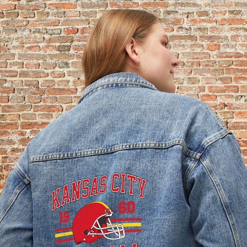 Kansas City Womens Denim Jean Jacket, Vintage Varsity Football Coat, Taylor's Retro Game Day Gear, Tailgate Apparel Gift For Her, Team Mom image 5
