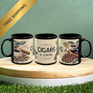 May include: Three black coffee mugs with white interiors. The mugs have a design of coffee beans, cigars, and the text "CIGARS & COFFEE".