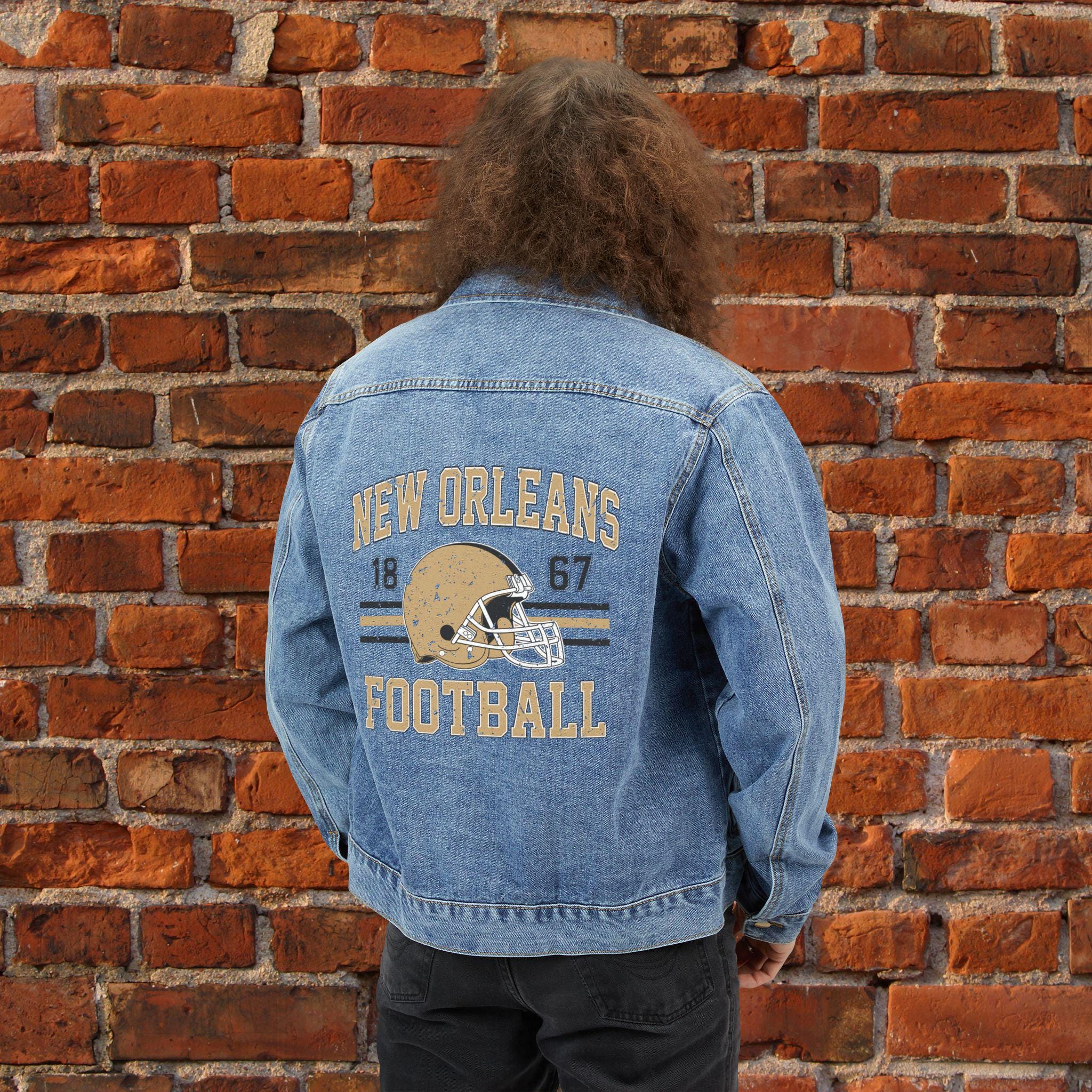 New Orleans Mens Denim Jean Jacket, Vintage Varsity Football Coat, Who Dat Retro Game Day Gear, Tailgate Apparel Gift For Him, Dad Gifts
