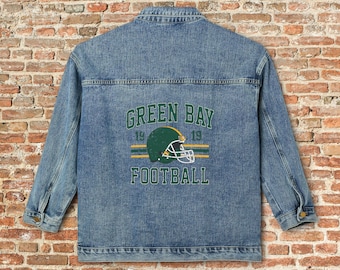 Green Bay Womens Denim Jean Jacket, Vintage Varsity Football Coat, Go Pack Go Retro Game Day Gear, Tailgate Apparel Gift For Her, Team Mom
