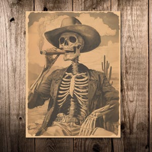 Cowboy Skeleton Cigar Wall Art Sign, Vintage Western Man Cave Decor, Eclectic Mid Century Retro Canvas, Old West Desert Cactus Gift For Him