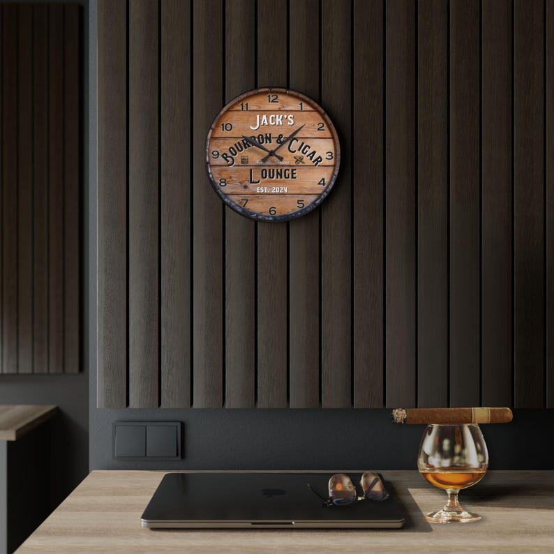 Personalized Bourbon Cigar Clock, Man Cave Decor, Whiskey Bar Barrel ...