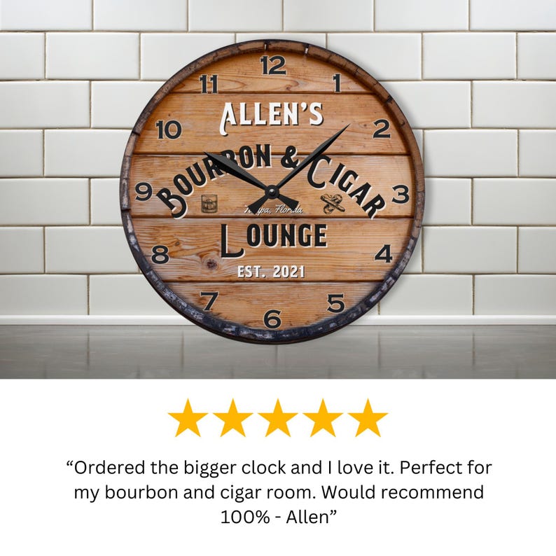 Personalized Bourbon Cigar Clock, Man Cave Decor, Whiskey Bar Barrel ...