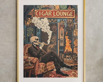 Puede incluir: Un esqueleto con traje sentado en un sillón de felpa, fumando un cigarro en una habitación tenue con una chimenea y el letrero "CIGAR LOUNGE" arriba.