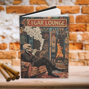 May include: A black and white illustrated notebook cover with a skeleton sitting in a chair smoking a cigar. The cover has the text "CIGAR LOUNGE" in red and white letters.
