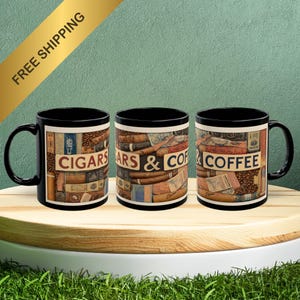 May include: Three black coffee mugs with a vintage design featuring cigars and coffee beans. The mugs have the text "CIGARS & COFFEE" printed on them.