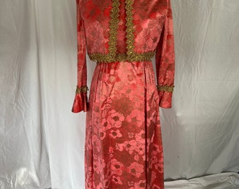1960s Pink Silk Flocked Evening Gown